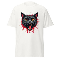 Vit t-shirt med katttryck och bloddroppar, perfekt för Halloween.