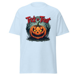 Vit-shirt med ett detaljerat tryck av en ondskefullt leende pumpa och texten "Trick or Treat" i blodrött ovanför.